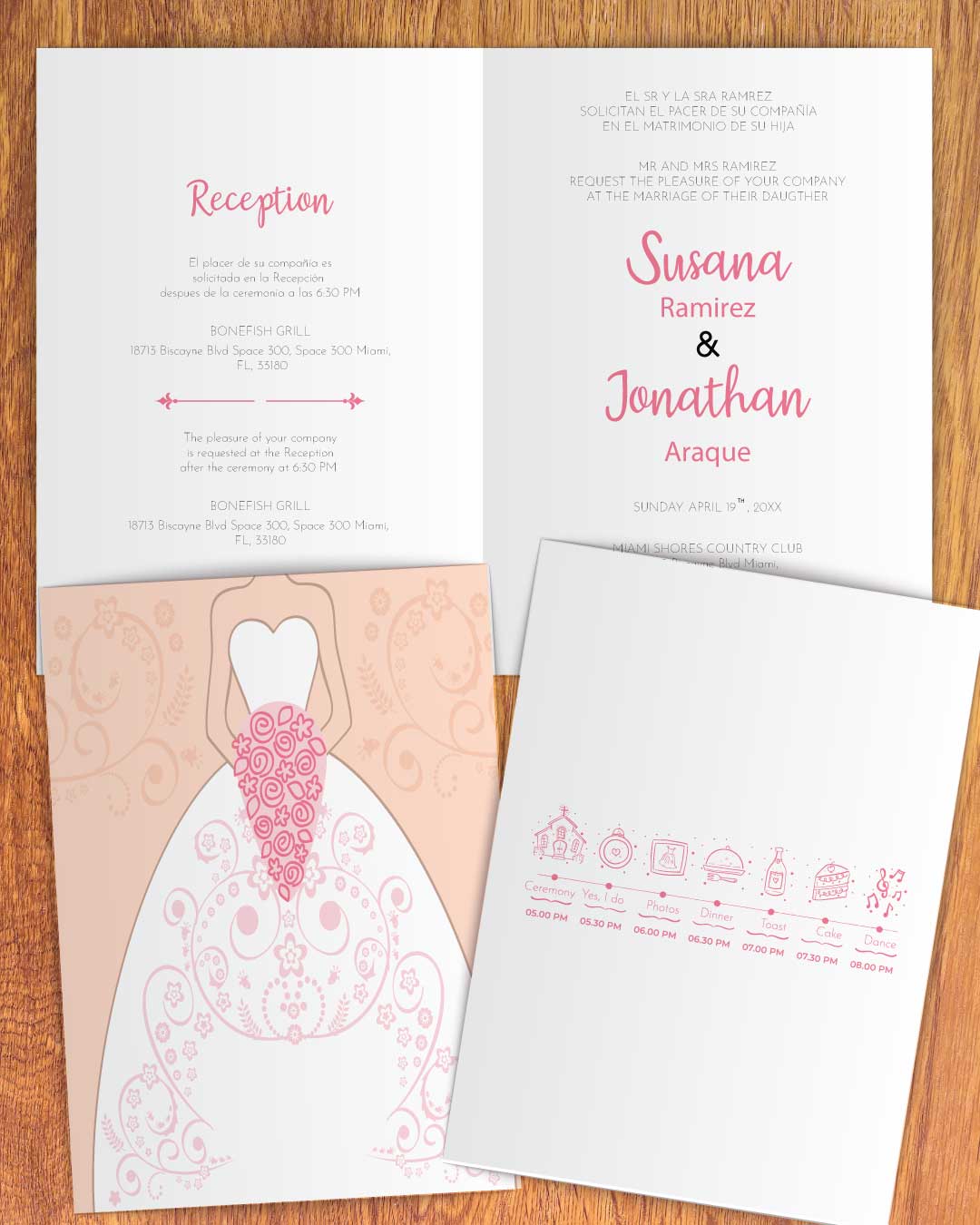 Lace Wedding Dress Half Fold Spanish & English Wedding Invitation