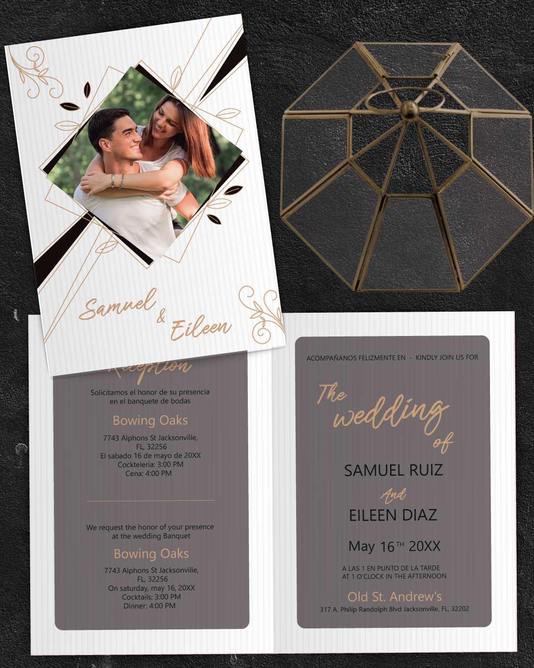 Geometric Black & Beige Half Fold Spanish & English Wedding Invitation AP Printing - Geometric Black & Beige Half Fold Spanish & English Wedding Invitation - Custom Printing Services