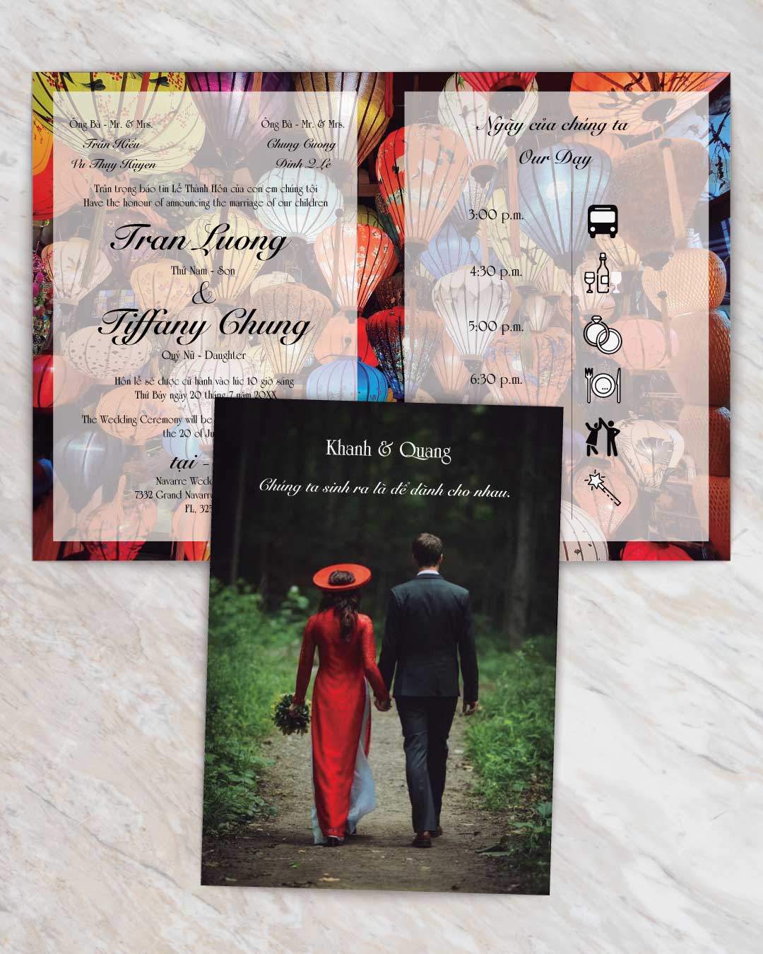 AP Printing - Vibrant Asian Celebratory Half Fold Vietnamese & English Wedding Invitation - Custom Printing Services