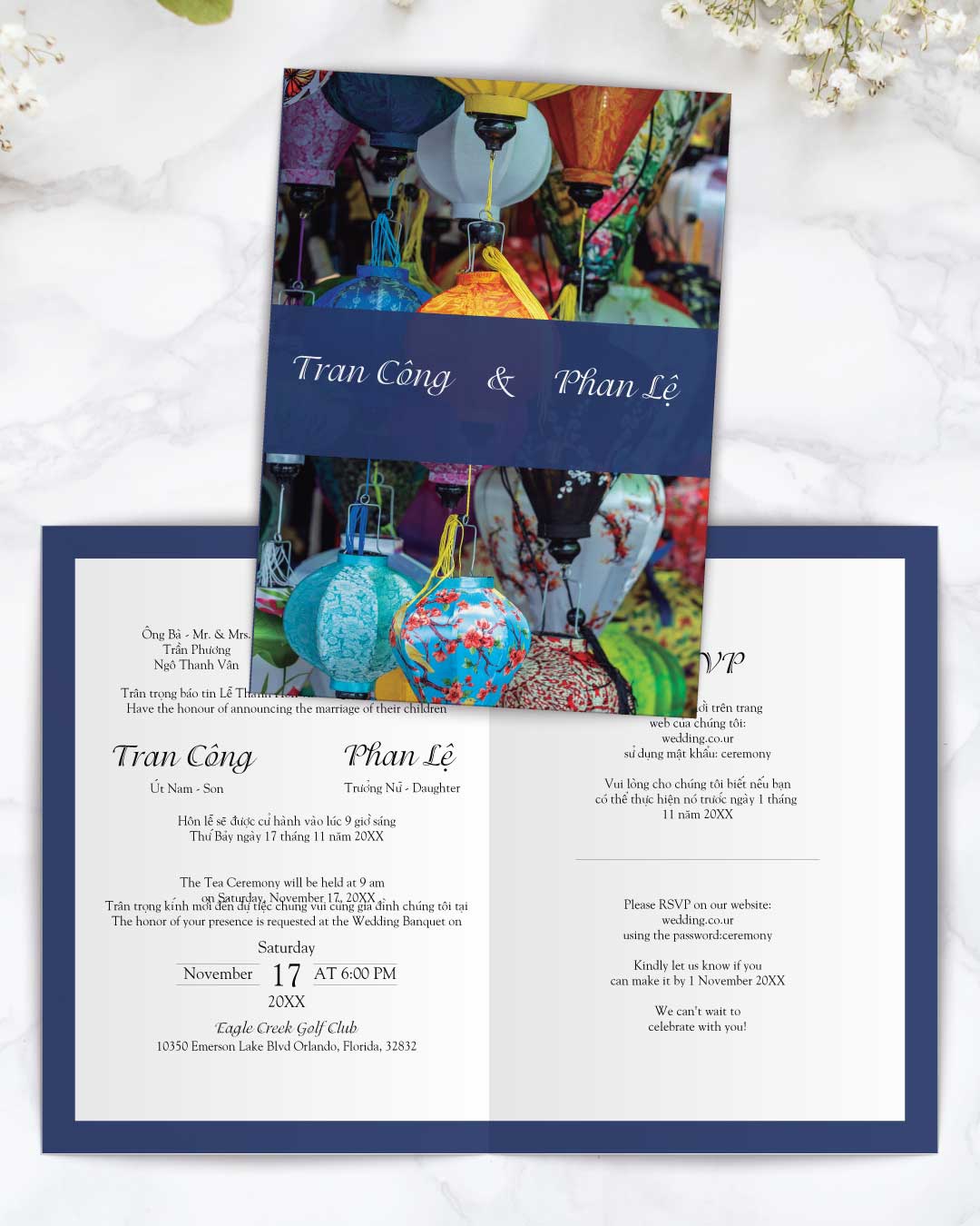 Hanging Festive Lanterns Half Fold Vietnamese & English Wedding Invitation