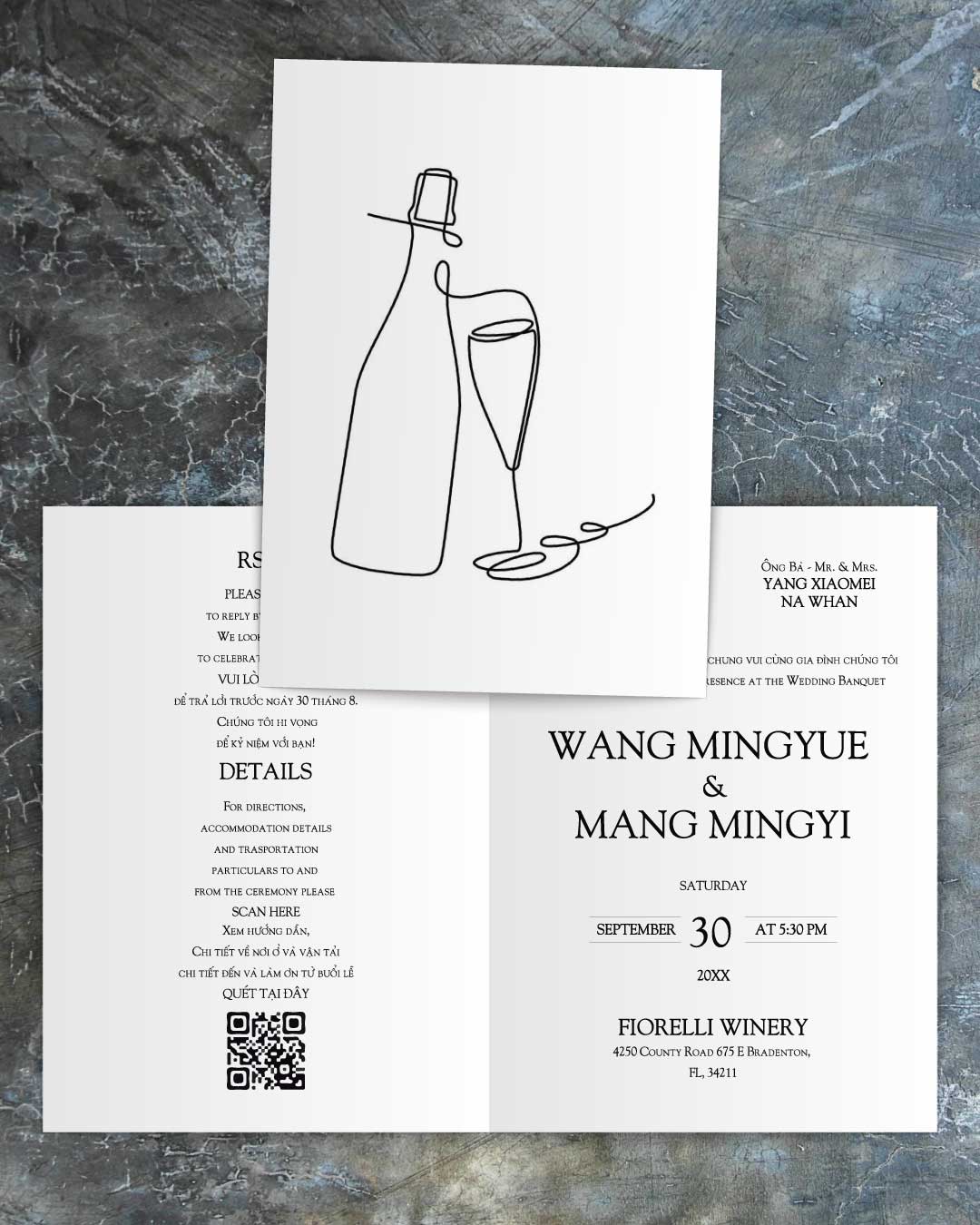 Minimalist White Invitation Half Fold Vietnamese & English Wedding Invitation AP Printing - Minimalist White Invitation Half Fold Vietnamese & English Wedding Invitation - Custom Printing Services