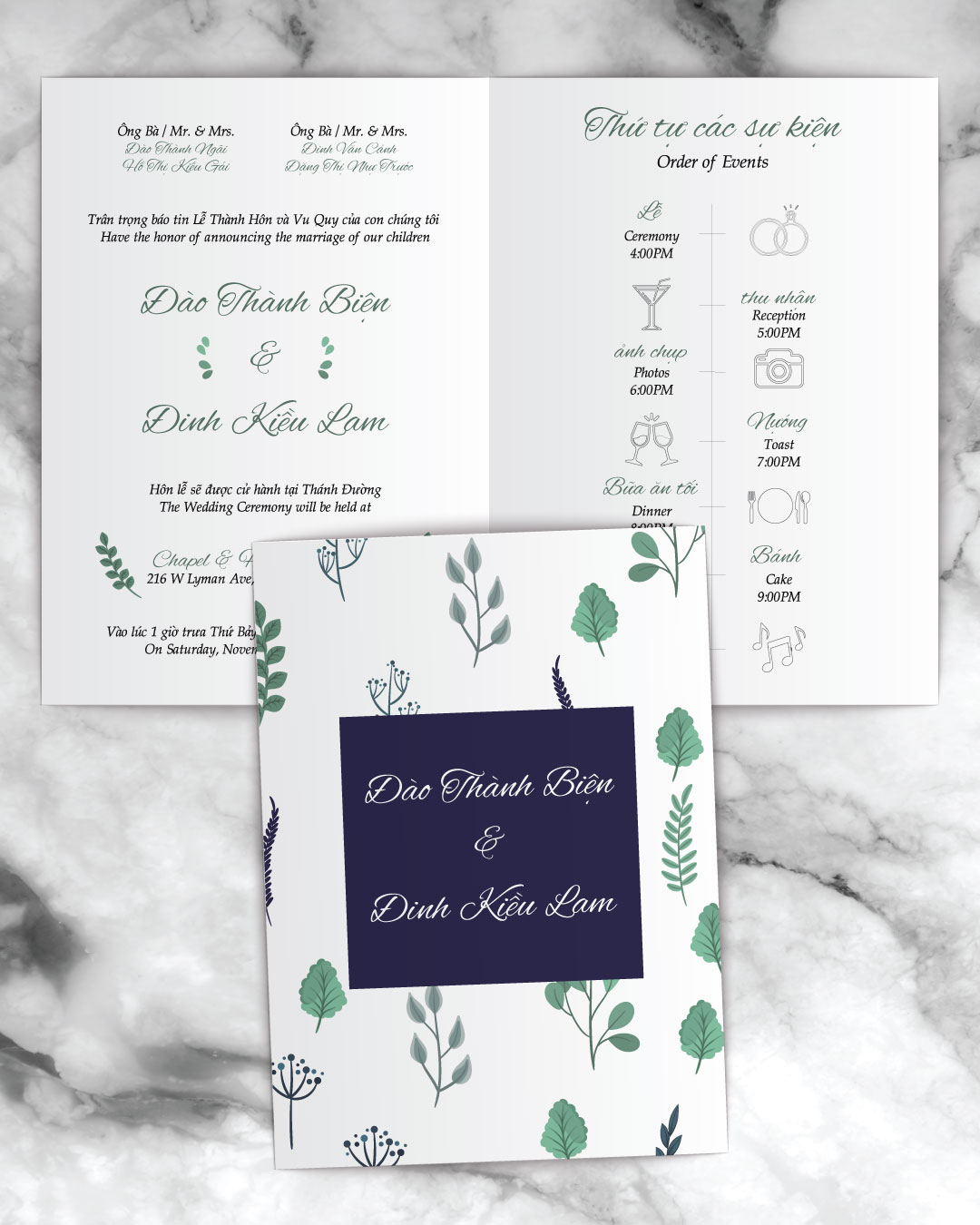Minimalistic Leaves And Trees Half Fold Vietnamese & English Wedding Invitation