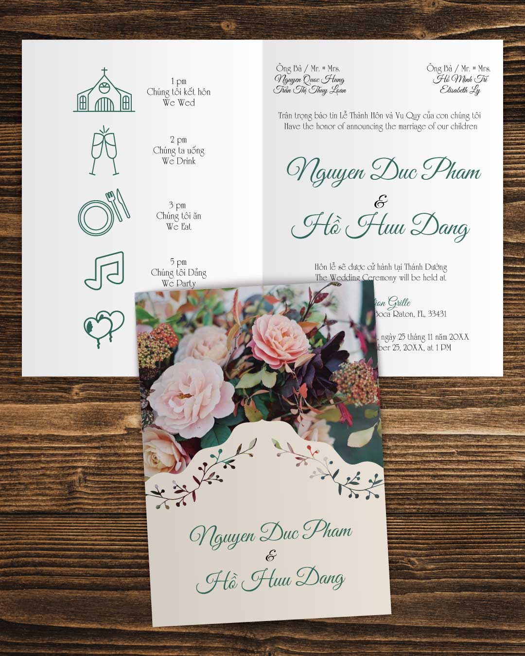 Floral Image With Green Half Fold Vietnamese & English Wedding Invitation