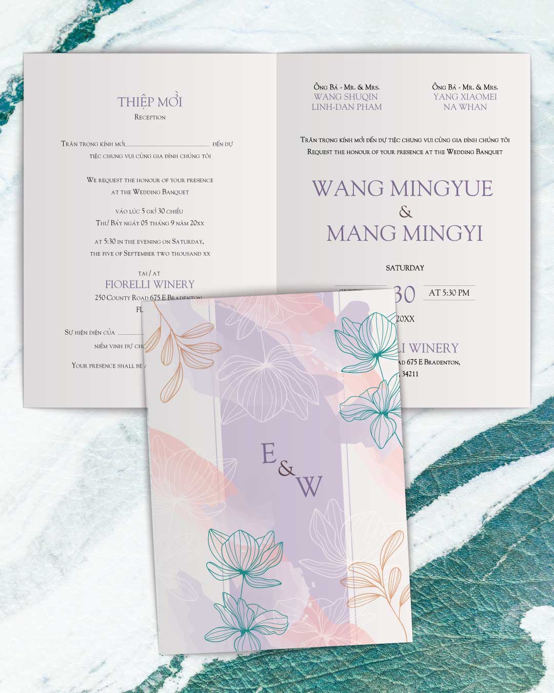 Beautiful Spring Flower Half Fold Vietnamese & English Wedding Invitation
