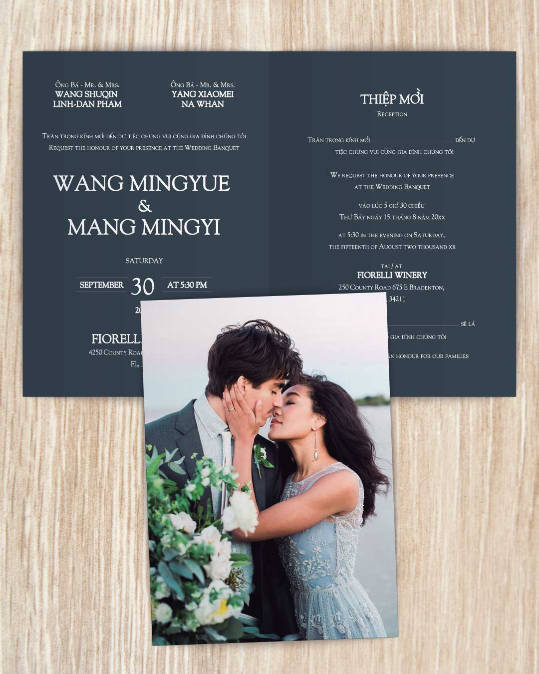 Deep Blue Invitation Half Fold Vietnamese & English Wedding Invitation
