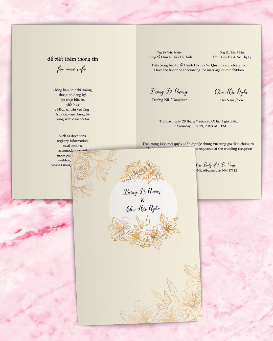 Golden Floral Corners Half Fold Vietnamese & English Wedding Invitation