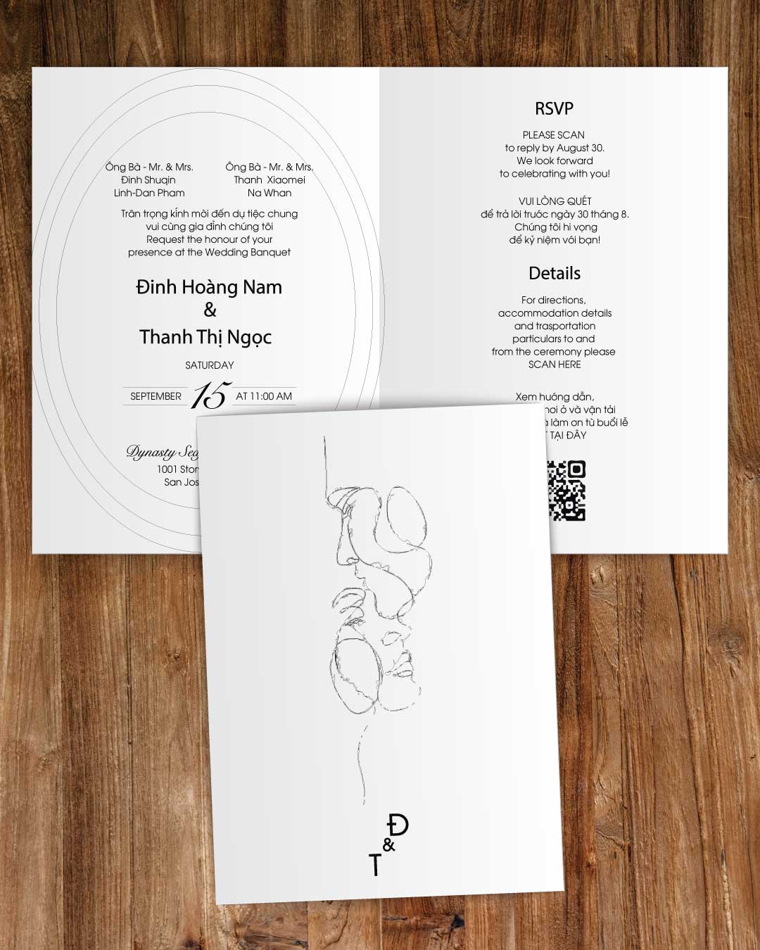 Single-line Couple Half Fold Vietnamese & English Wedding Invitation