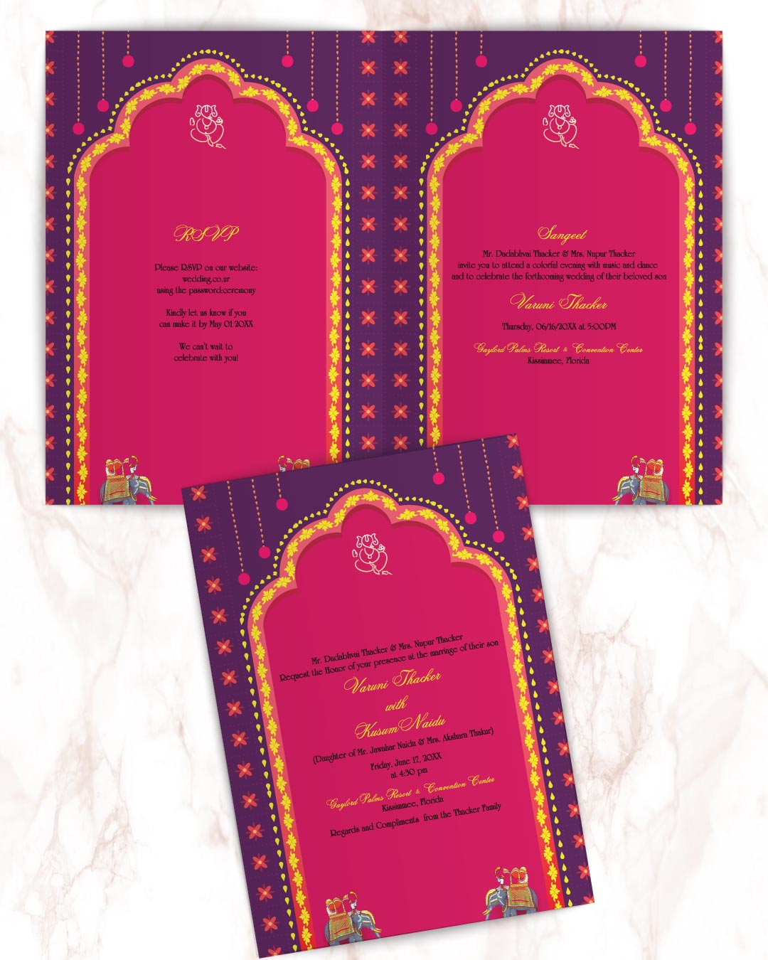 India Festive Purple Half Fold Wedding Invitation