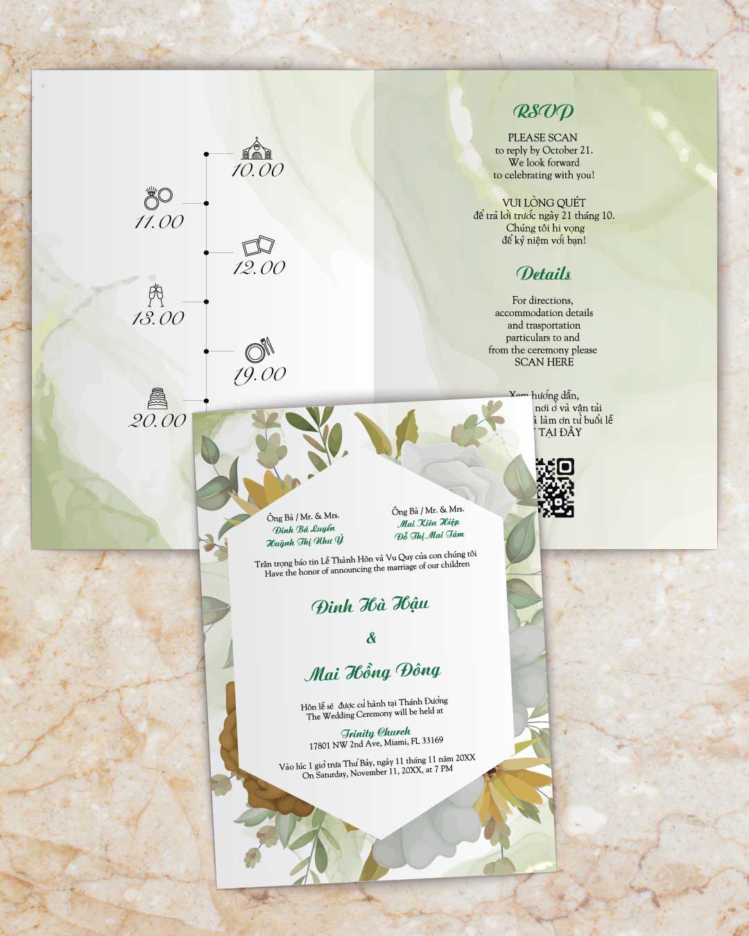 AP Printing - Gentle Autumn Blooms Half Fold Vietnamese & English Wedding Invitation - Custom Printing Services