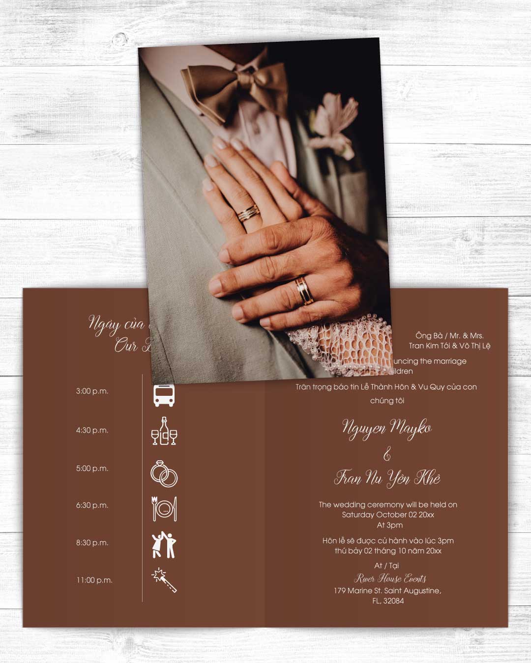 Dark Brown Invitation Half Fold Vietnamese & English Wedding Invitation
