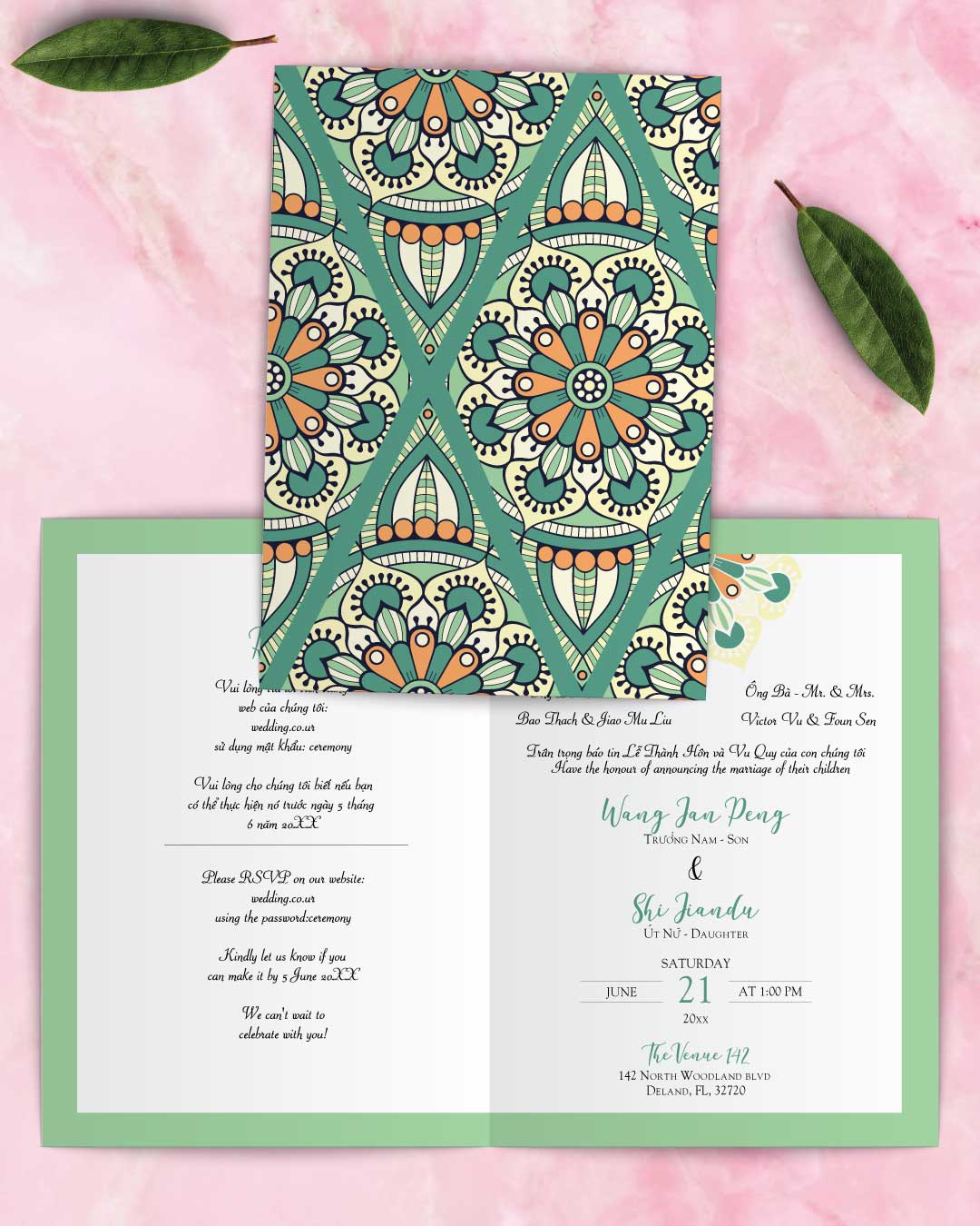 Bright Mosaic Pattern Half Fold Vietnamese & English Wedding Invitation