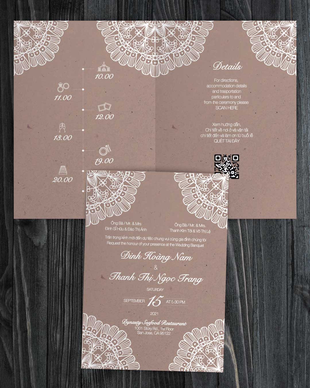 Intricate White Mandala Half Fold Vietnamese & English Wedding Invitation