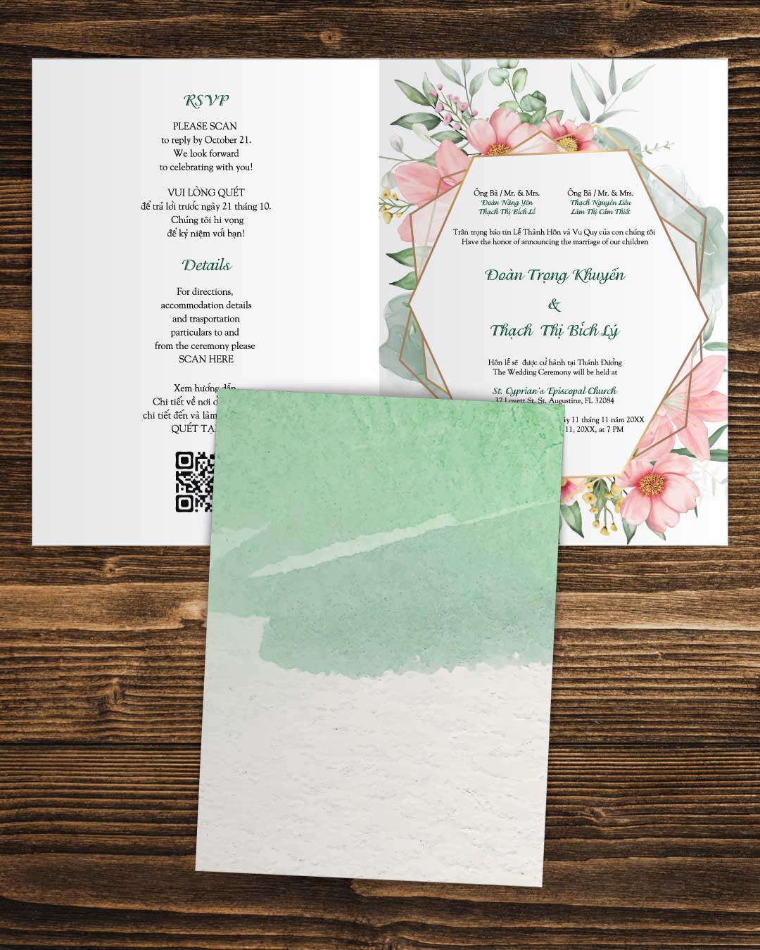 Detailed Pink Spring Half Fold Vietnamese & English Wedding Invitation