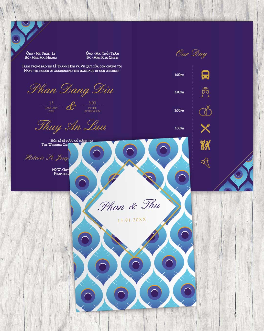 Blue With Peacock Pattern Half Fold Vietnamese & English Wedding Invitation AP Printing - Blue With Peacock Pattern Half Fold Vietnamese & English Wedding Invitation - Custom Printing Services