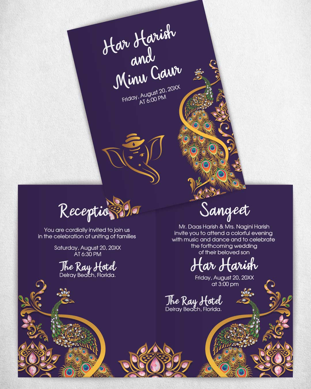 Peacock and Crystal Flowers Half Fold Wedding Invitation AP Printing - Peacock and Crystal Flowers Half Fold Wedding Invitation - Custom Printing Services