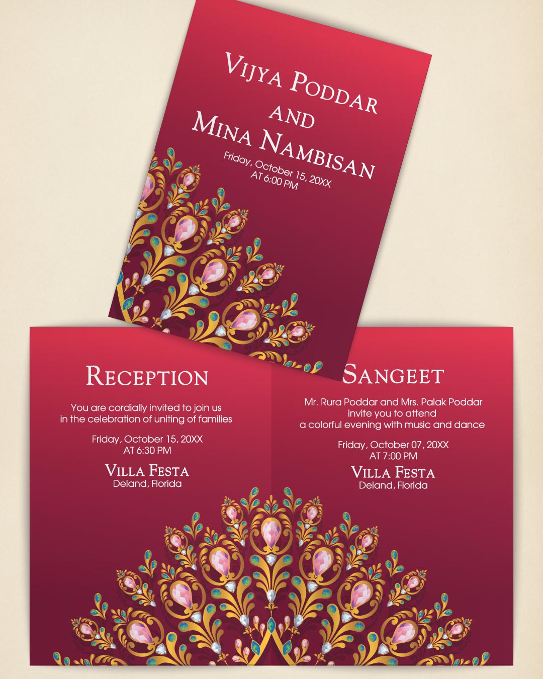 Symmetrical Fanned Jeweled Half Fold Wedding Invitation