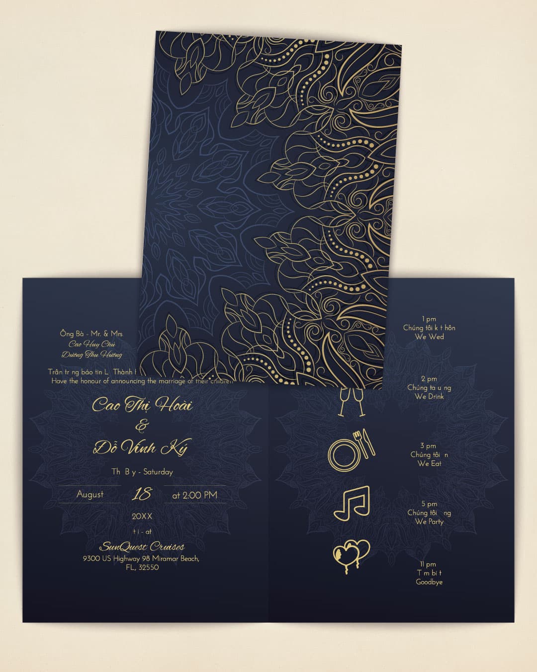 Luxurious Golden Motif Half Fold Vietnamese & English Wedding Invitation