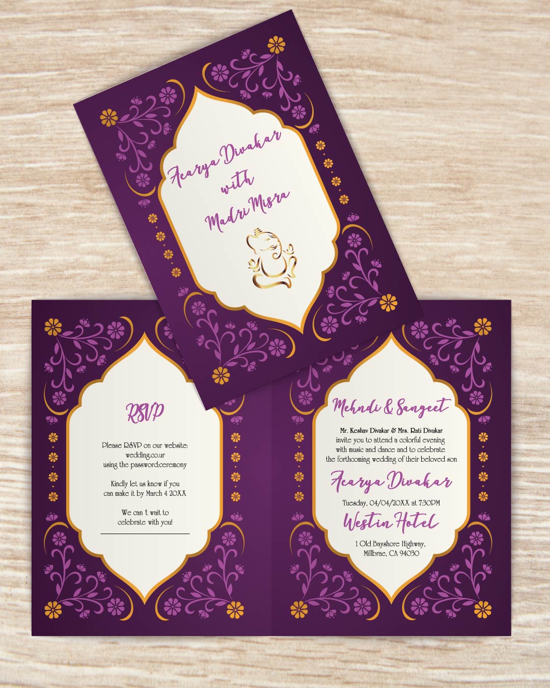 Purple Floral Indian Half Fold Wedding Invitation