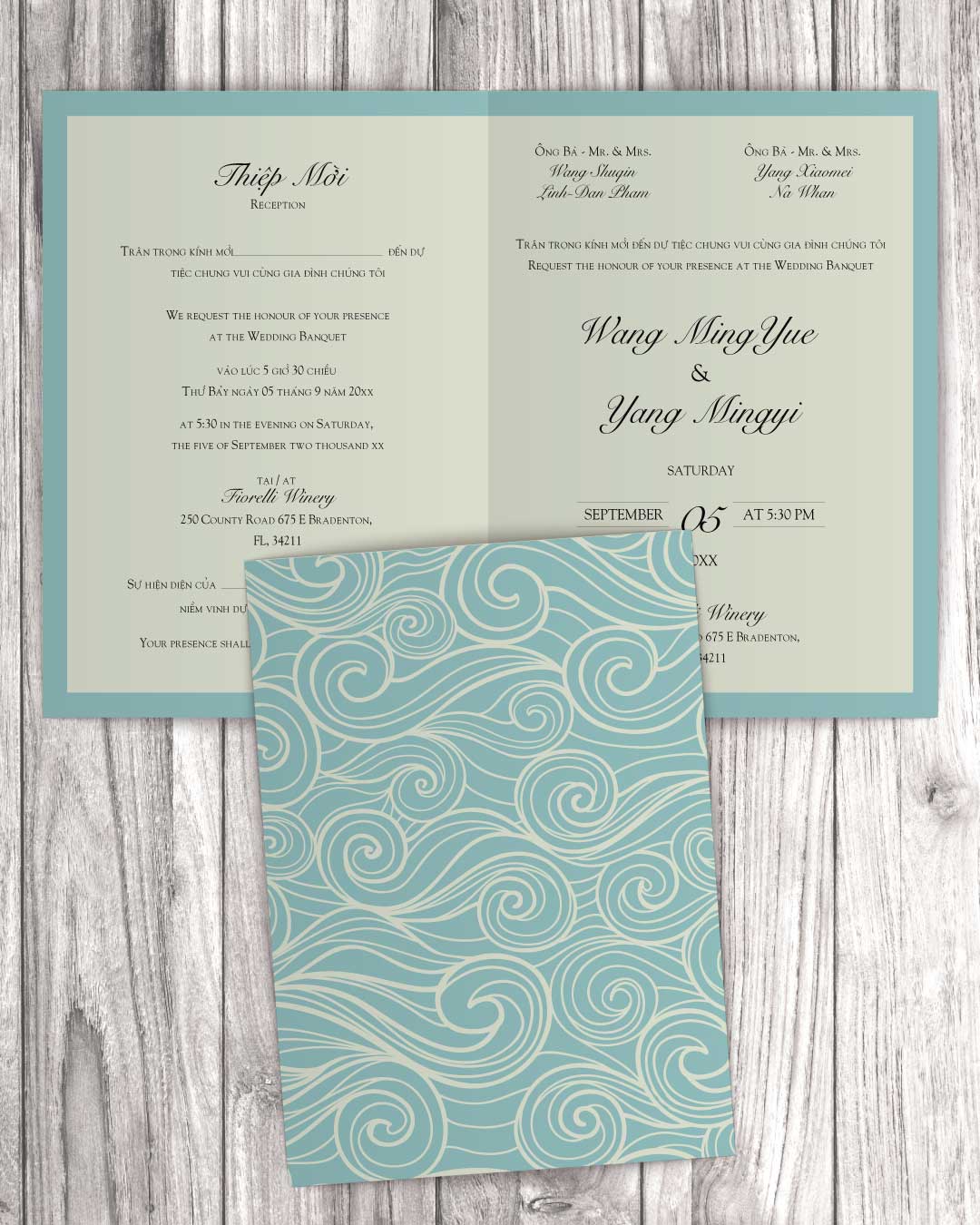 Teal With Gusts Of Wind Half Fold Vietnamese & English Wedding Invitation AP Printing - Teal With Gusts Of Wind Half Fold Vietnamese & English Wedding Invitation - Custom Printing Services