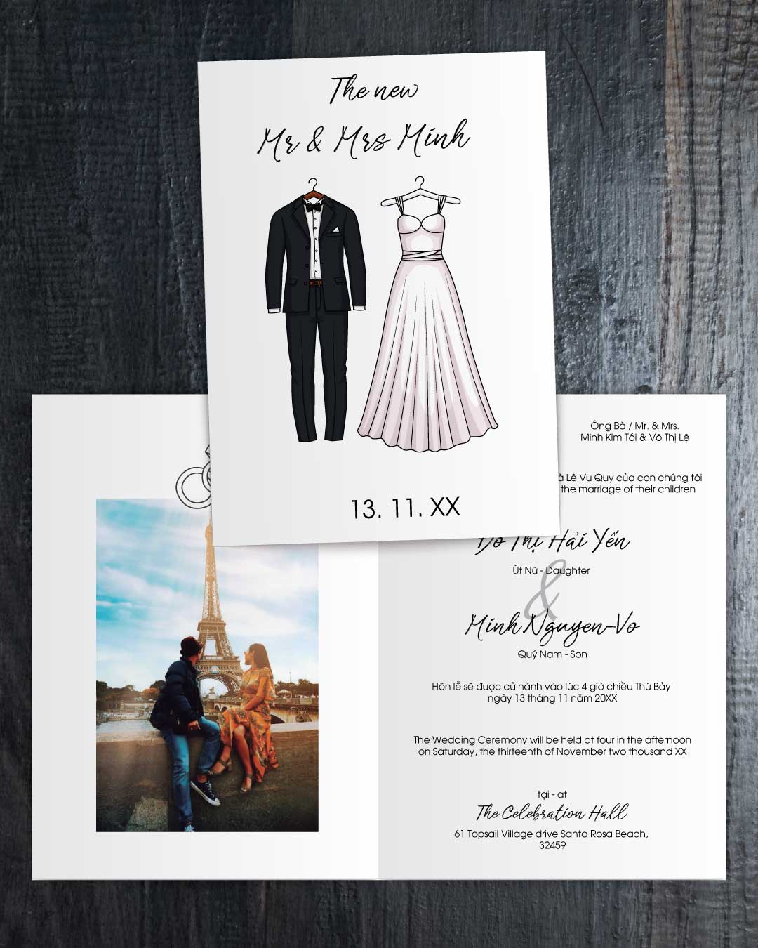 Tuxedo And Wedding Dress Half Fold Vietnamese & English Wedding Invitation