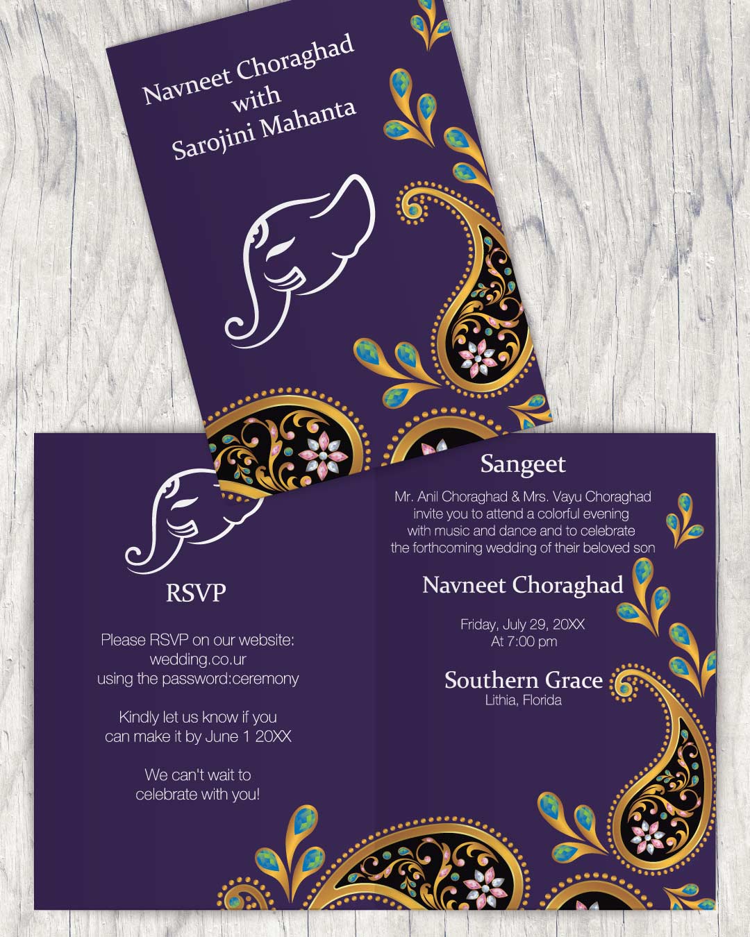 AP Printing - Golden Crystalline Paisley Half Fold Wedding Invitation - Custom Printing Services