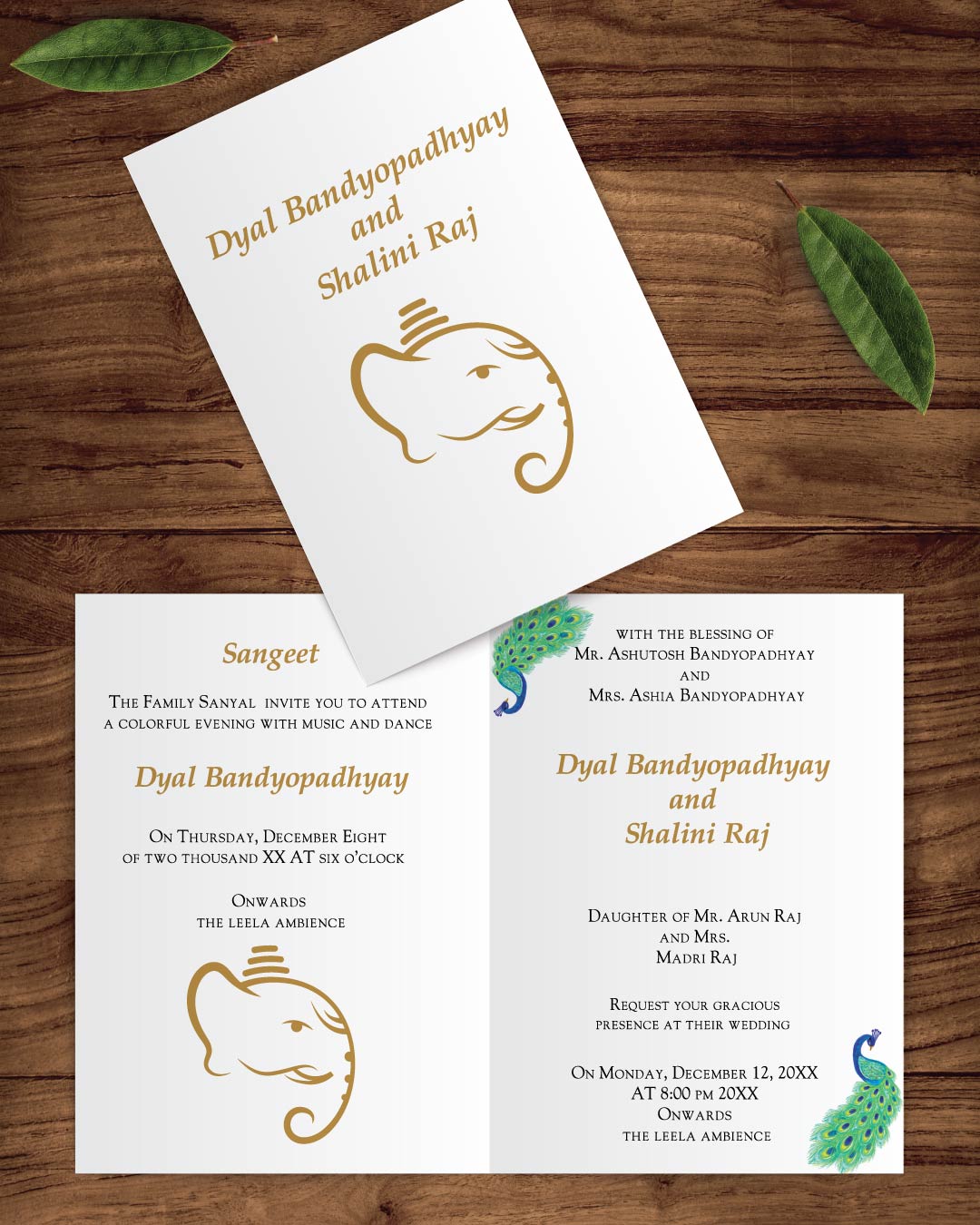 Golden Elephant and Peacocks Half Fold Wedding Invitation
