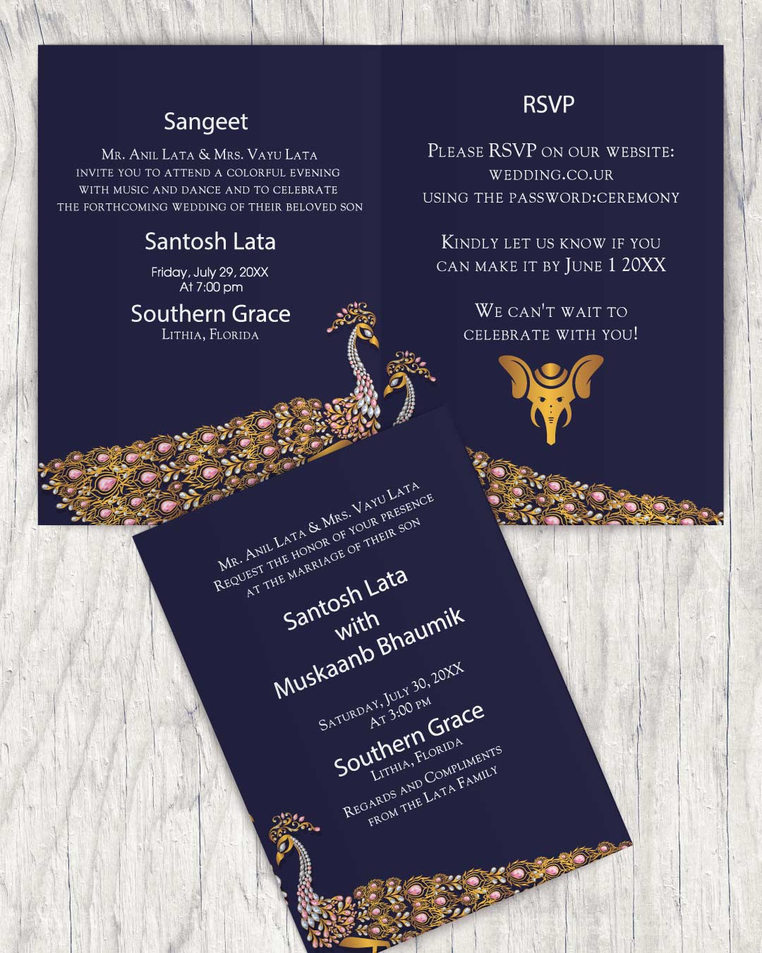 Pair of Glimmering Peacocks Half Fold Wedding Invitation AP Printing - Pair of Glimmering Peacocks Half Fold Wedding Invitation - Custom Printing Services