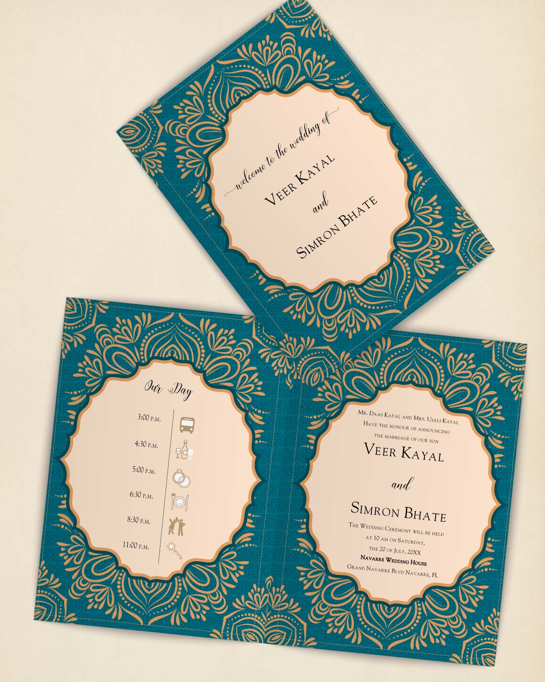 Sprightly Golden Pattern Half Fold Wedding Invitation AP Printing - Sprightly Golden Pattern Half Fold Wedding Invitation - Custom Printing Services
