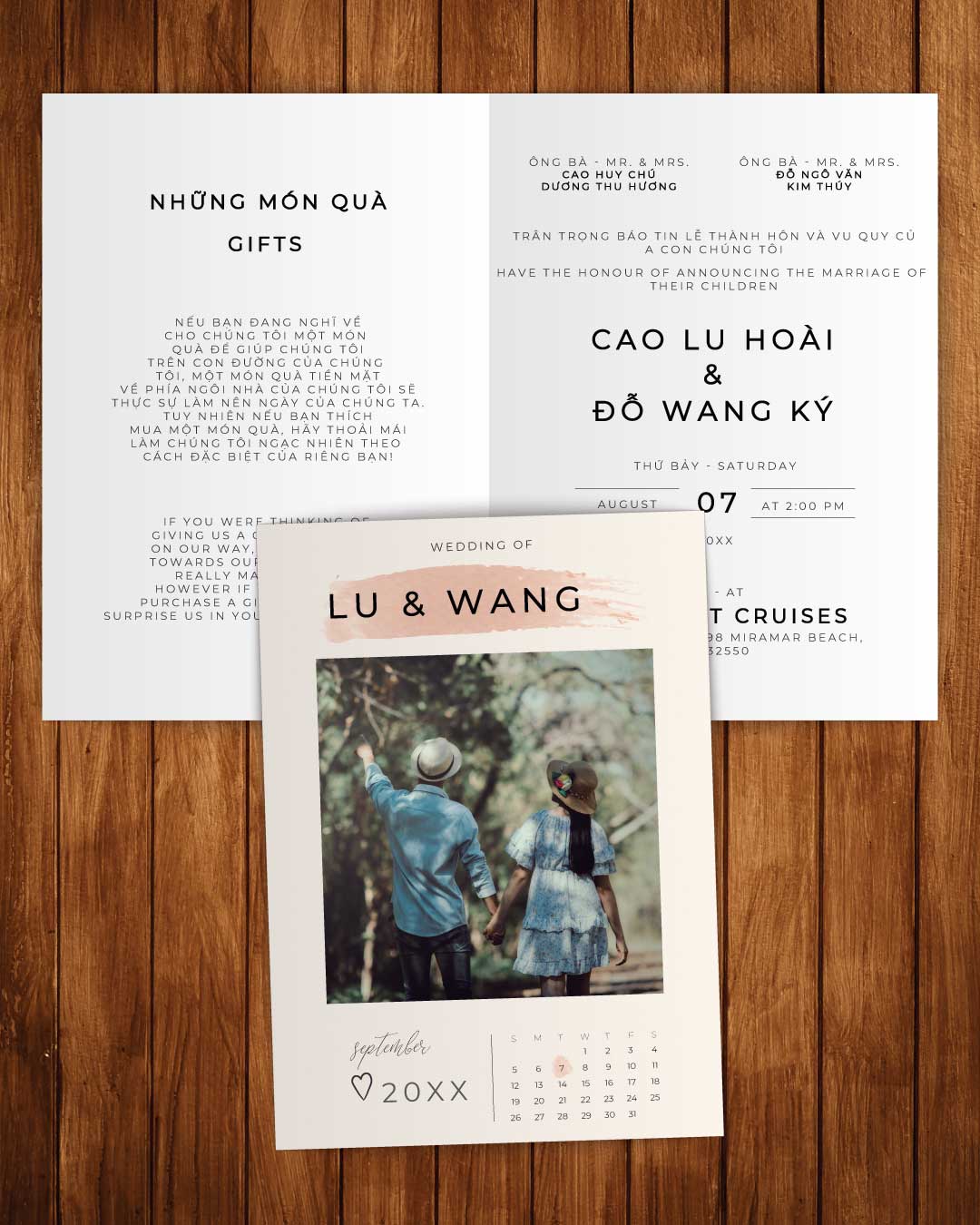 Cute Calendar Invitation Half Fold Vietnamese & English Wedding Invitation