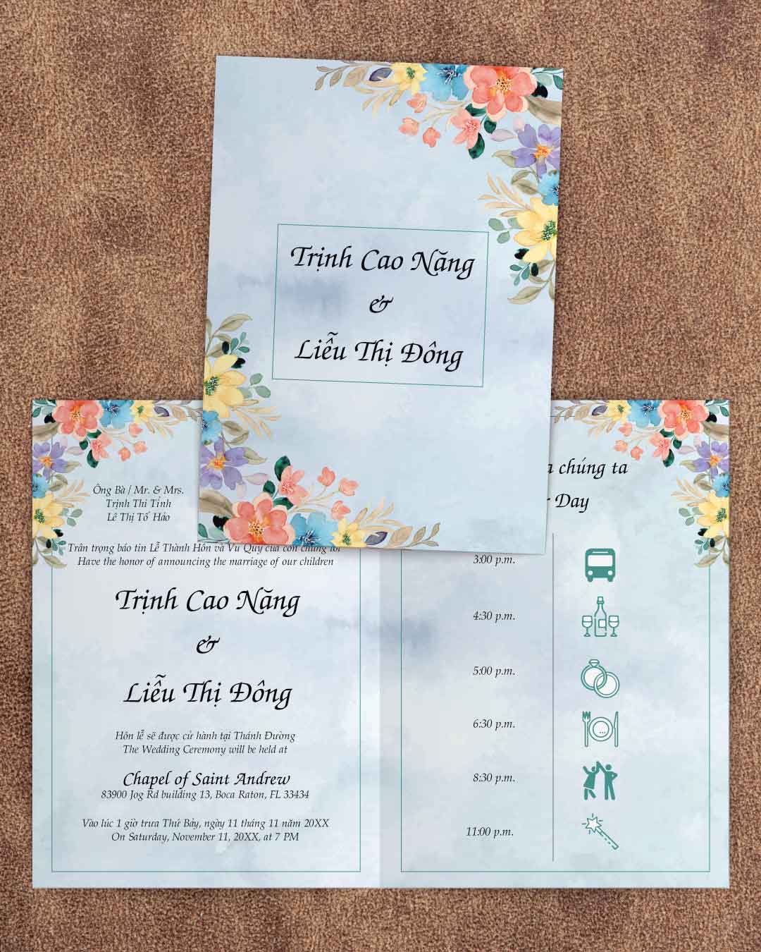 Colorful Floral Bouquet Half Fold Vietnamese & English Wedding Invitation
