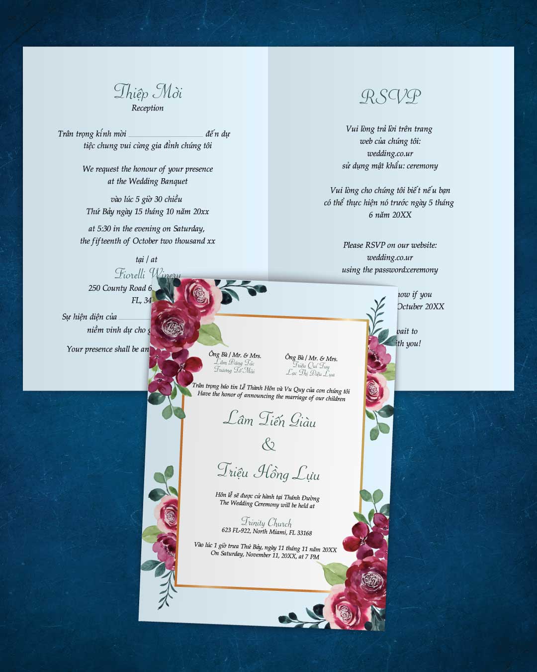 Deep Red Roses Half Fold Vietnamese & English Wedding Invitation