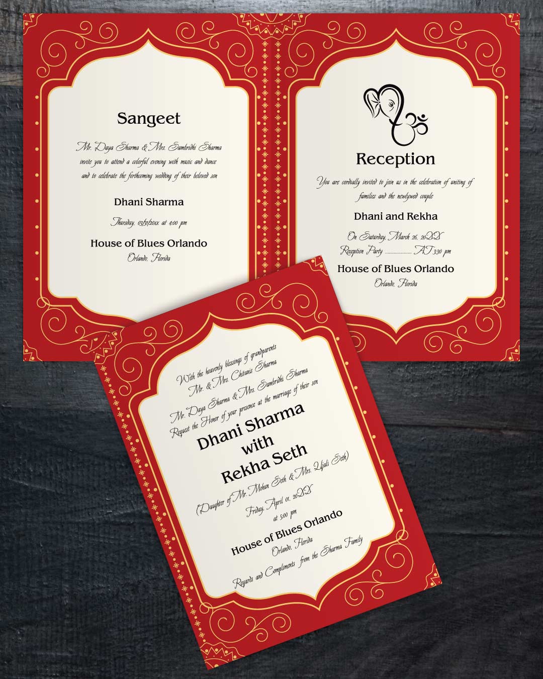 Ornamental Indian Red Half Fold Wedding Invitation