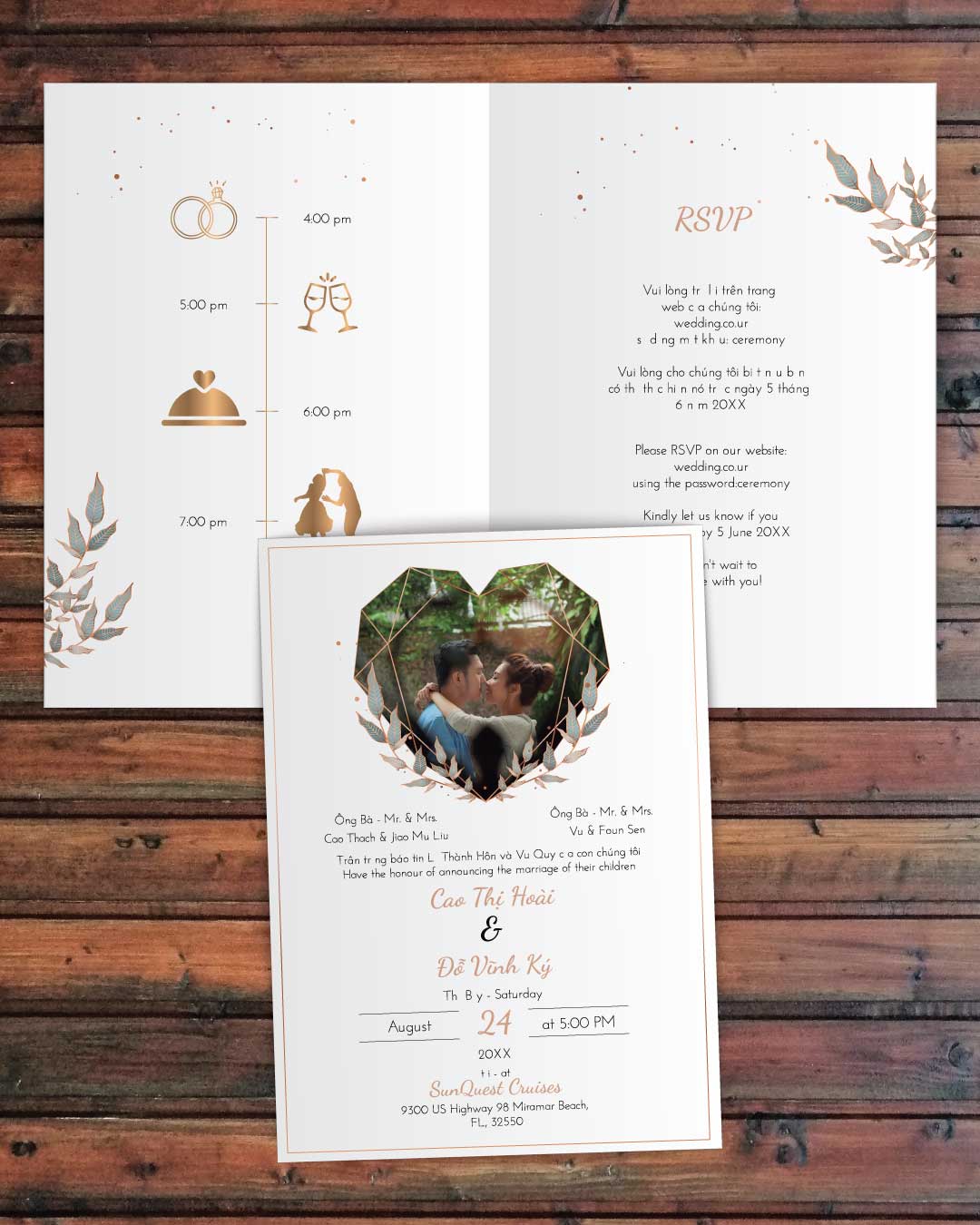 Geometric Heart And Leaves Half Fold Vietnamese & English Wedding Invitation AP Printing - Geometric Heart And Leaves Half Fold Vietnamese & English Wedding Invitation - Custom Printing Services