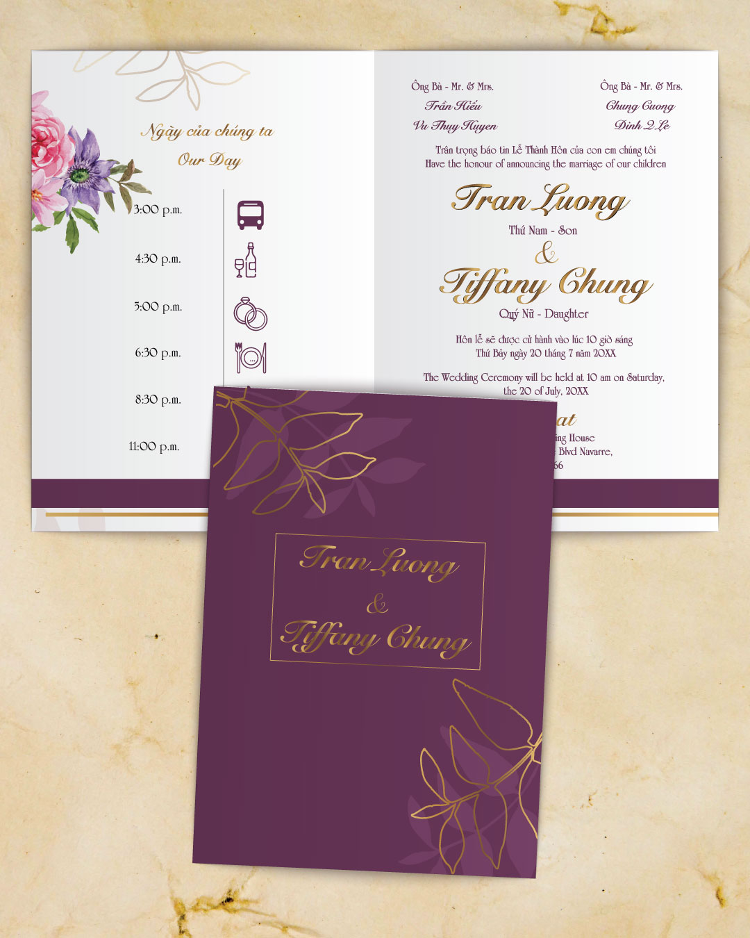 Purple With Golden Accents Half Fold Vietnamese & English Wedding Invitation