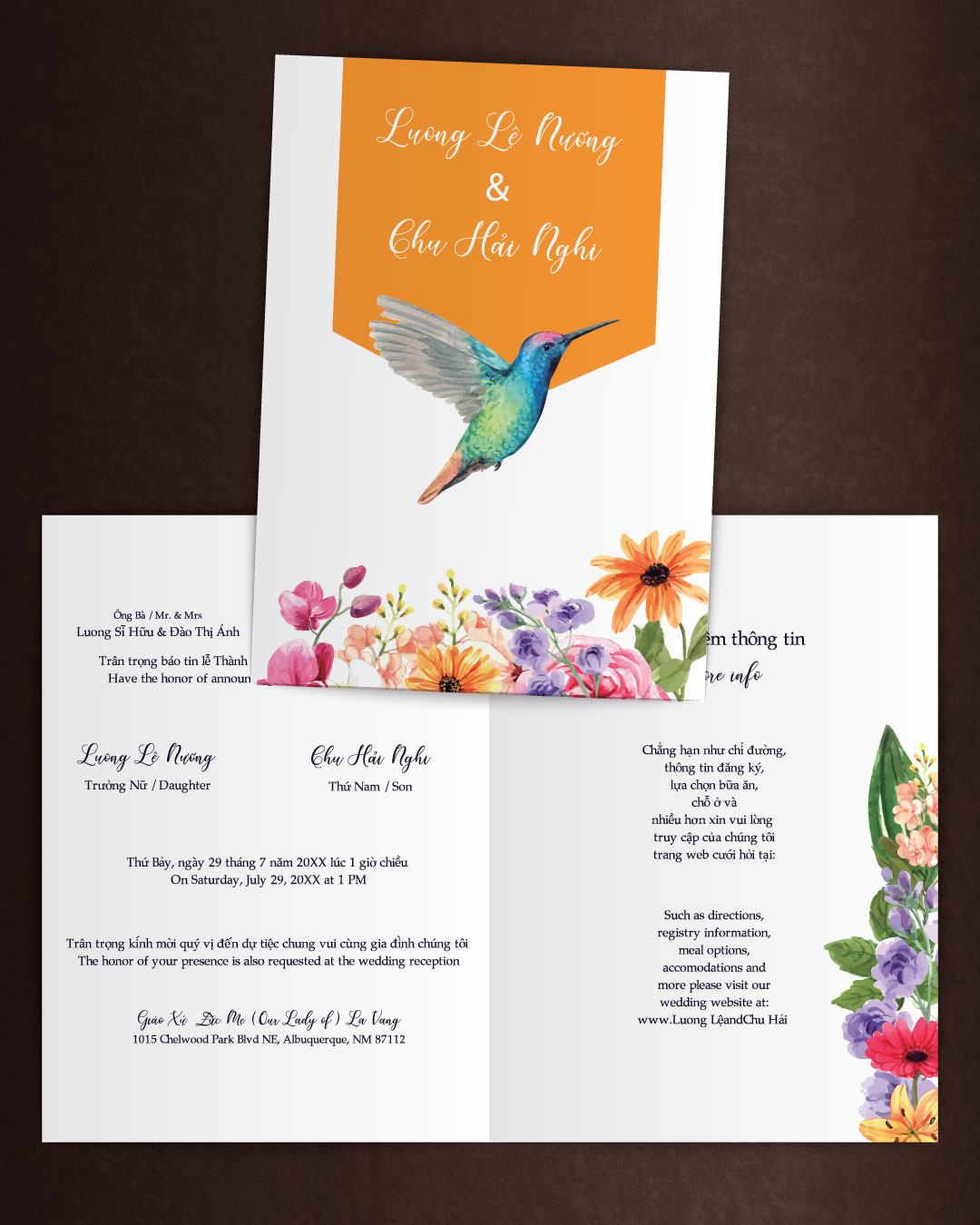 Drawn Humming Bird Half Fold Vietnamese & English Wedding Invitation