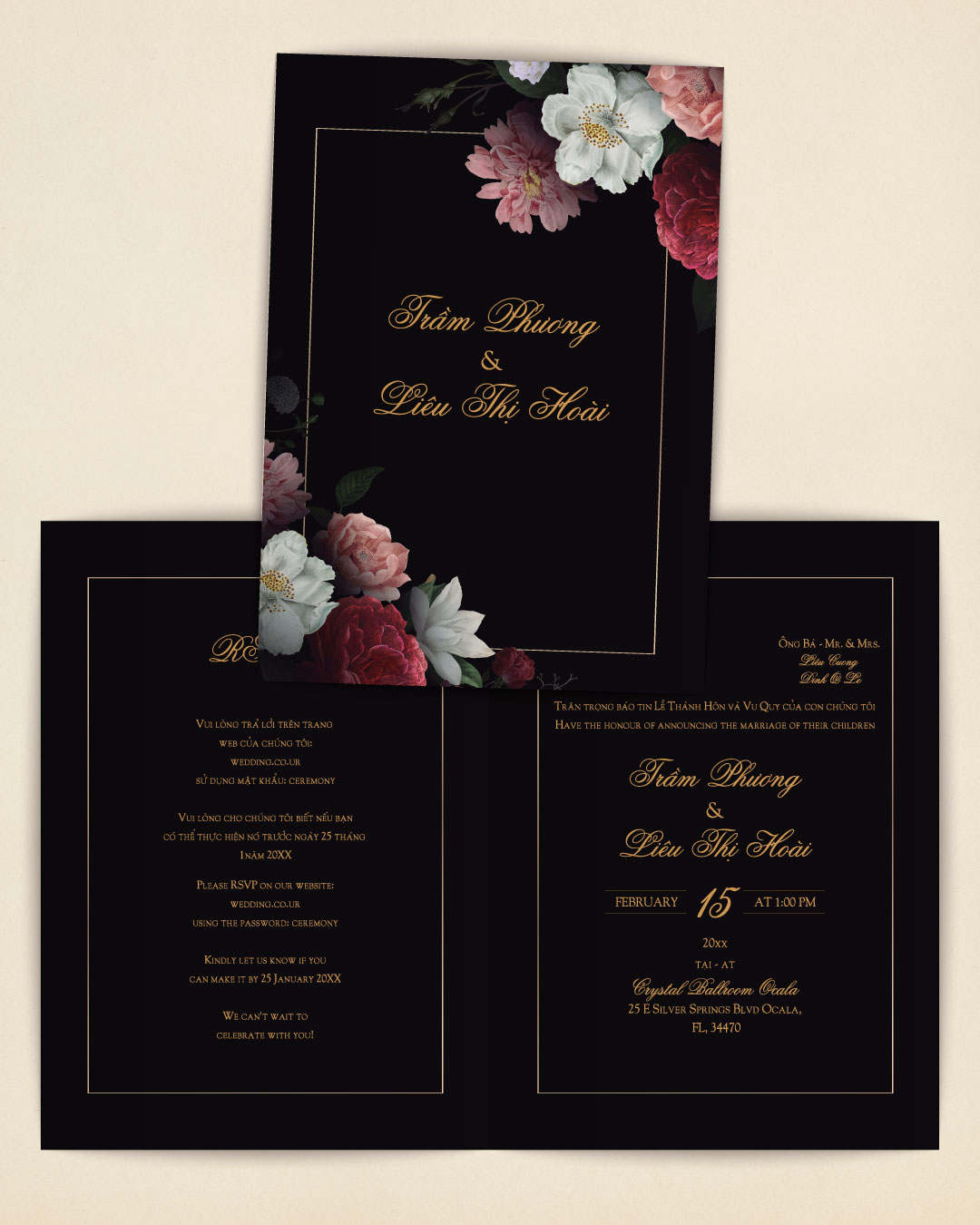 Realistic Shaded Flower Half Fold Vietnamese & English Wedding Invitation