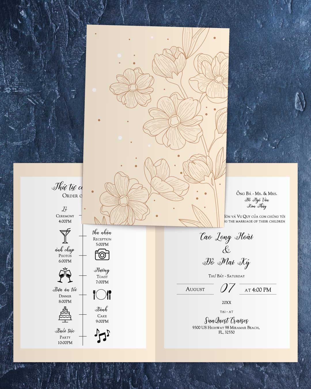 Pretty Golden Floral Half Fold Vietnamese & English Wedding Invitation AP Printing - Pretty Golden Floral Half Fold Vietnamese & English Wedding Invitation - Custom Printing Services