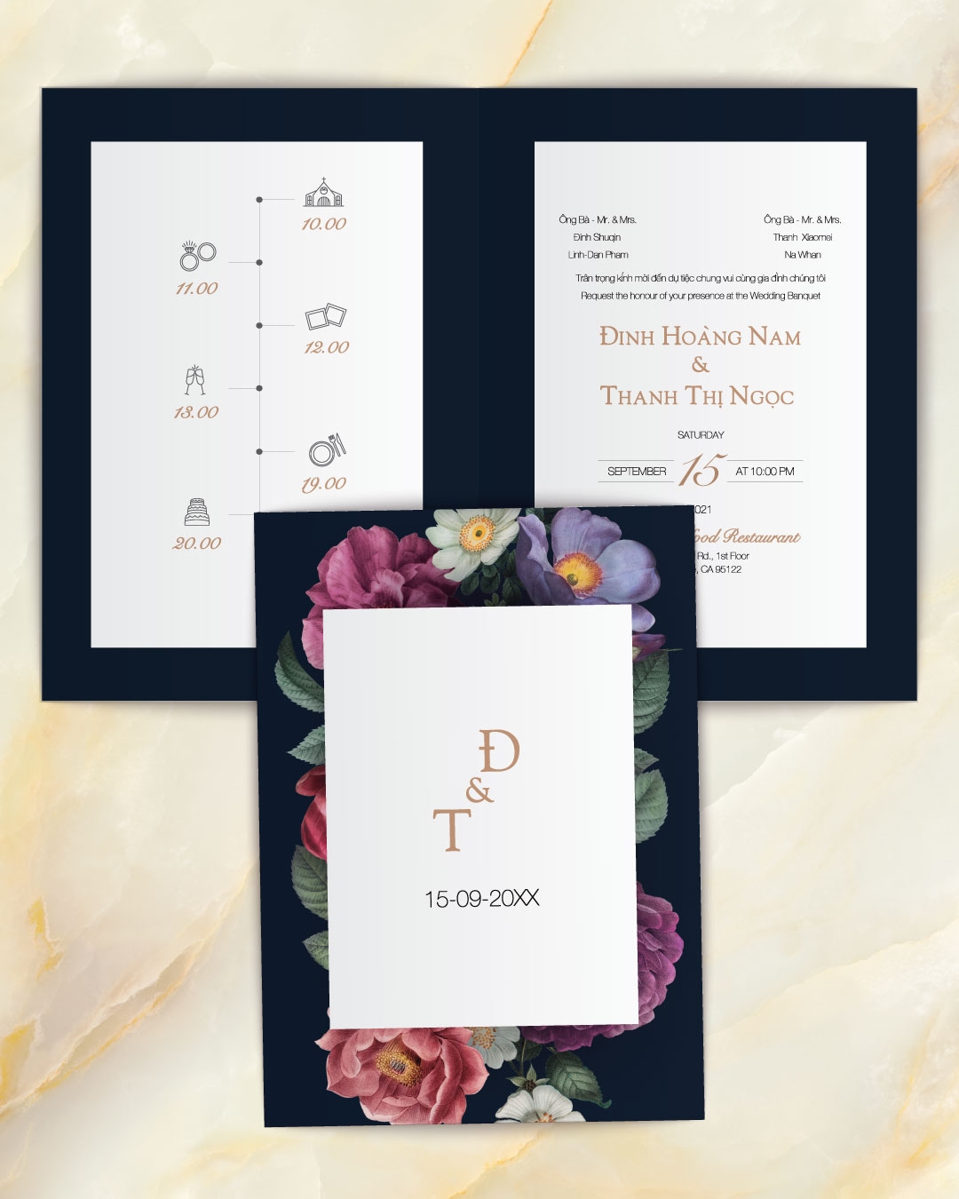 Colorful Dark Bouquet Half Fold Vietnamese & English Wedding Invitation AP Printing - Colorful Dark Bouquet Half Fold Vietnamese & English Wedding Invitation - Custom Printing Services