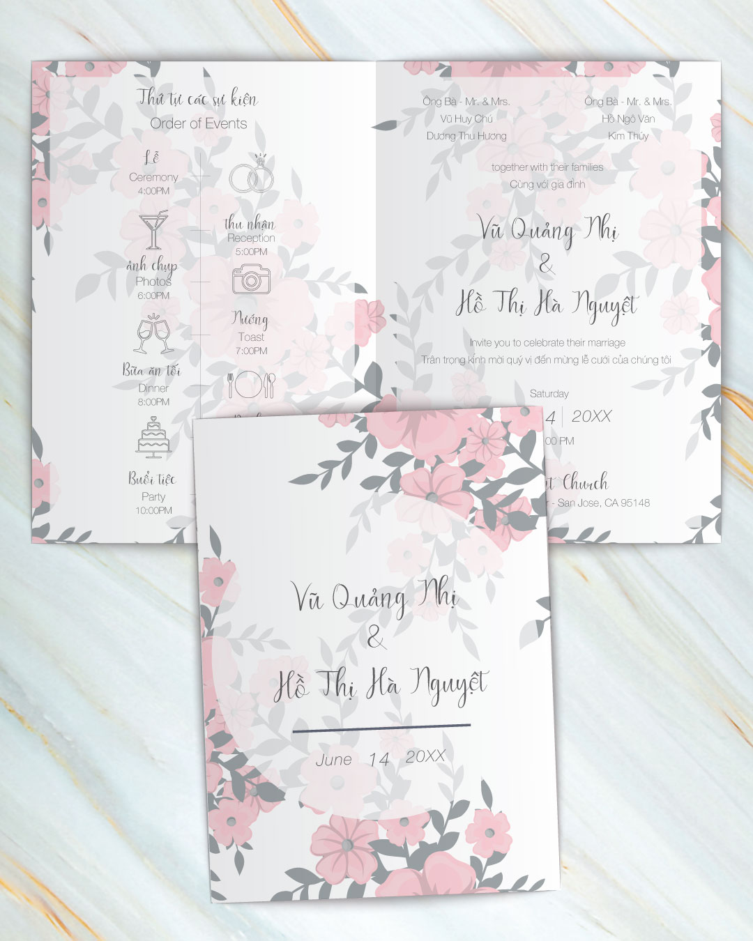 Soft Pink Flowers Half Fold Vietnamese & English Wedding Invitation