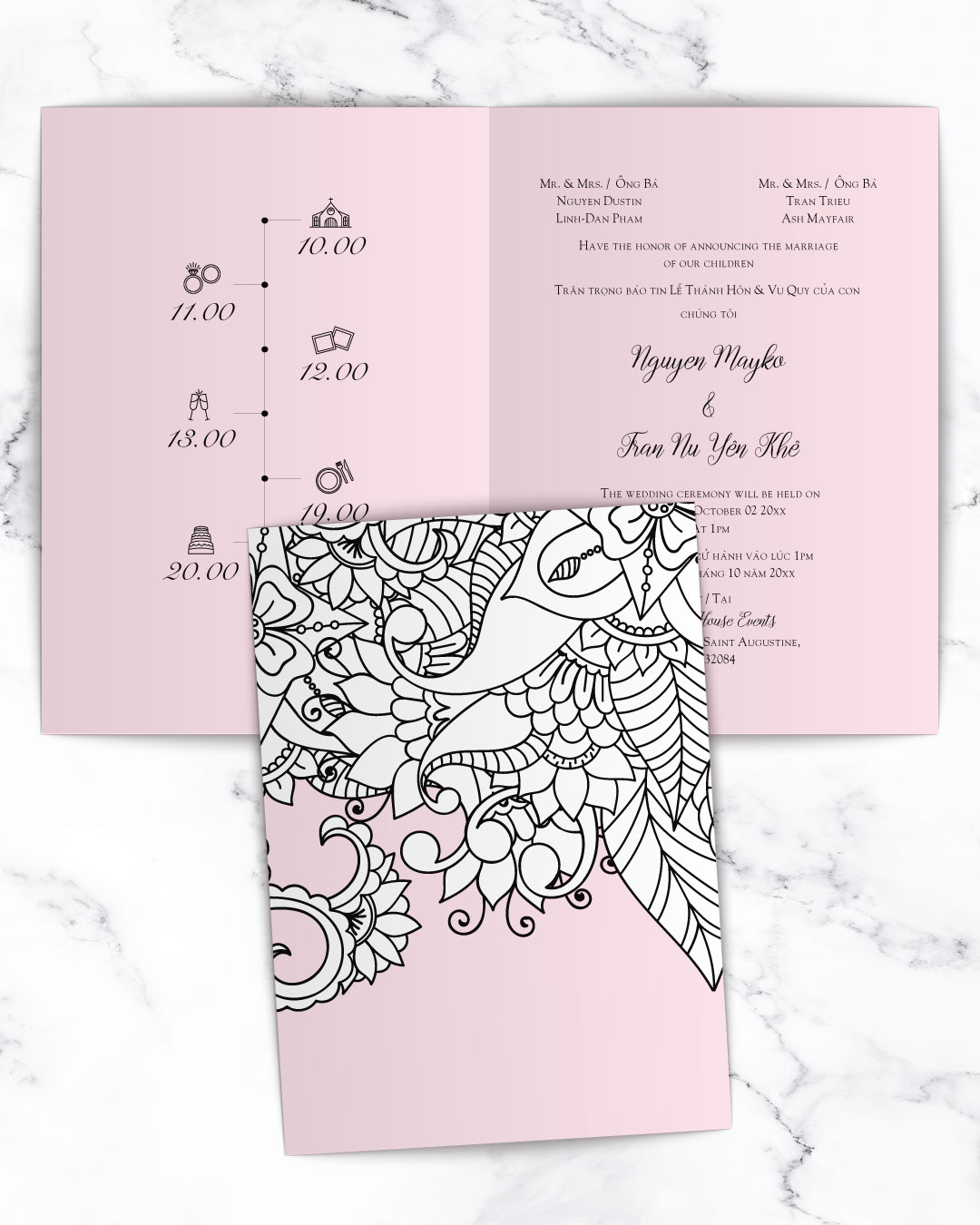 AP Printing - Pink And White Motif Half Fold Vietnamese & English Wedding Invitation - Custom Printing Services