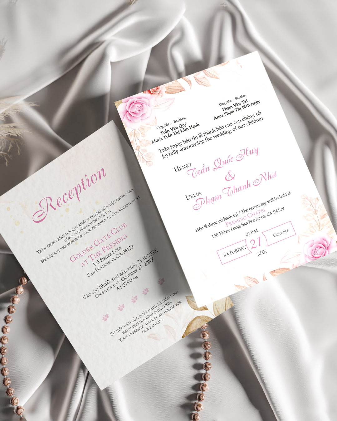 Soft Pink and Flowers Simple Flat 5x7 Wedding Invitation AP Printing - Soft Pink and Flowers Simple Flat 5x7 Wedding Invitation - Custom Printing Services