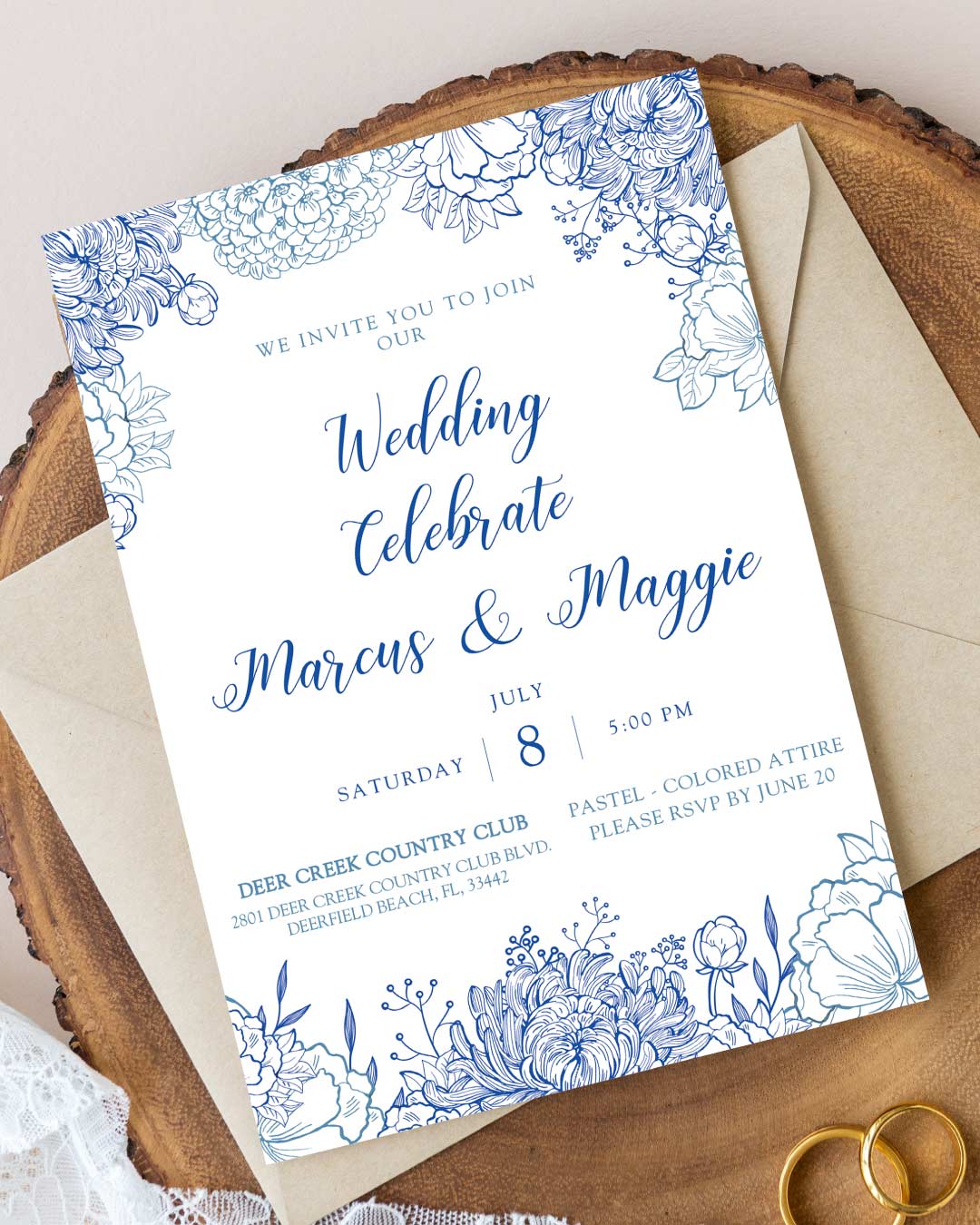 Blue Floral Celebration Simple Flat 5x7 Wedding Invitation AP Printing - Blue Floral Celebration Simple Flat 5x7 Wedding Invitation - Custom Printing Services