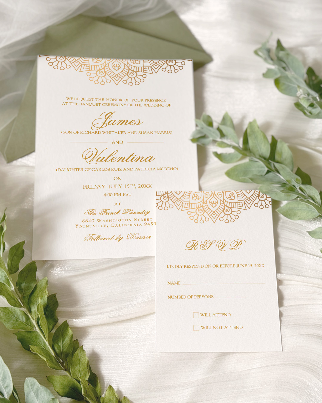 Beautiful Golden Arrangement Simple Flat 5x7 Wedding Invitation