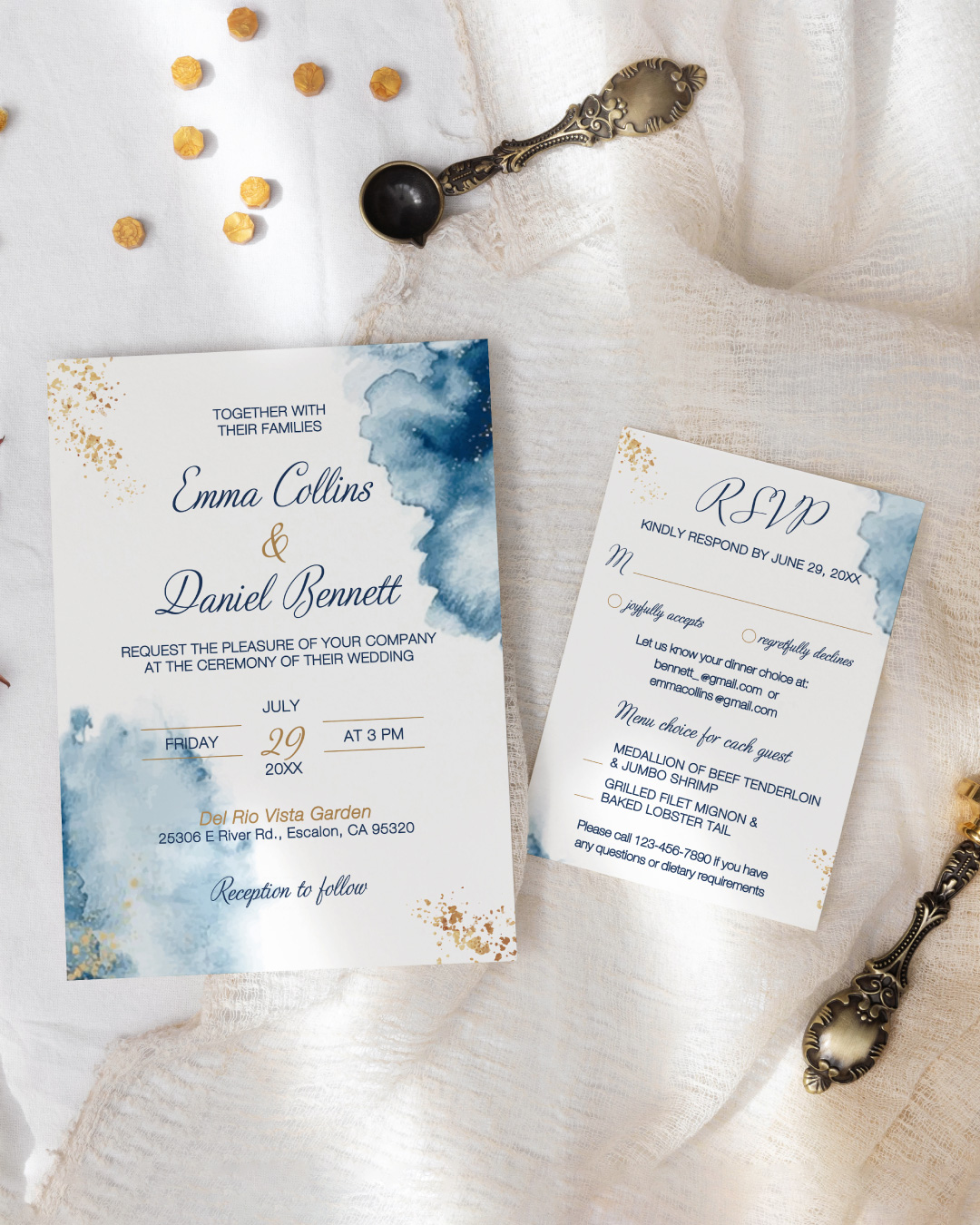 Blue and Gold Dreams Simple Flat 5x7 Wedding Invitation AP Printing - Blue and Gold Dreams Simple Flat 5x7 Wedding Invitation - Custom Printing Services