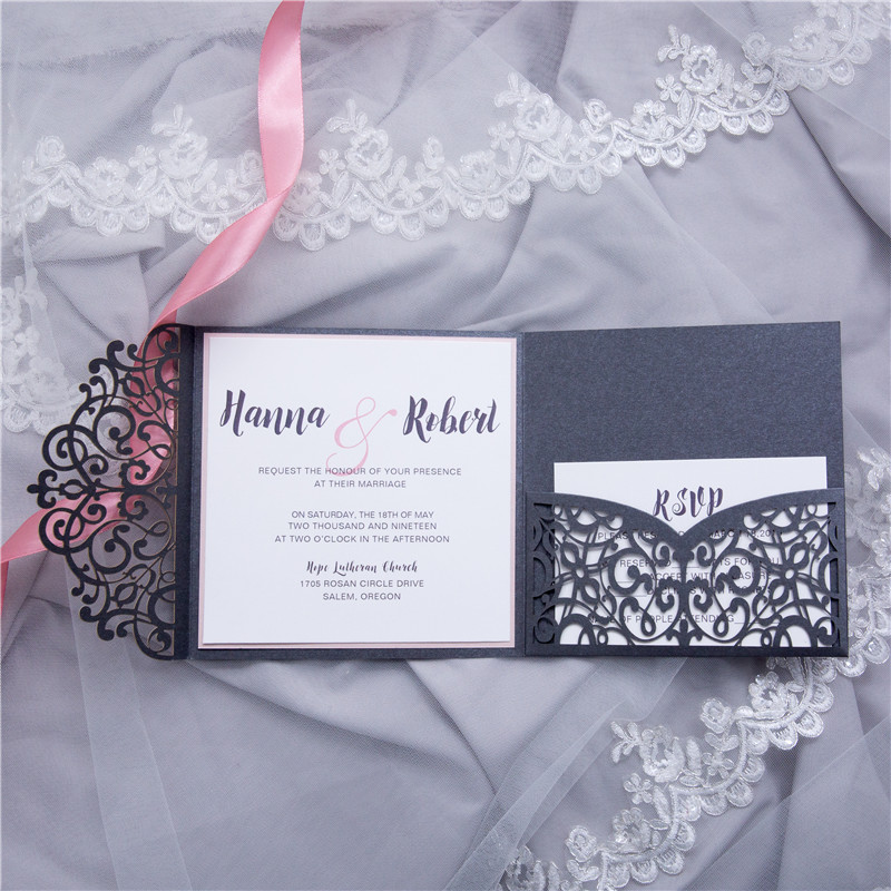 Lace Tri-Fold Embossing and Laser Cut Pocket Wedding Invitation