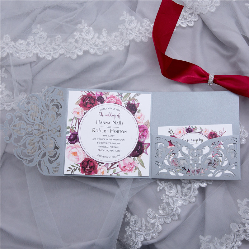Silver & Floral Tri-Fold Laser Cut Pocket Wedding Invitations