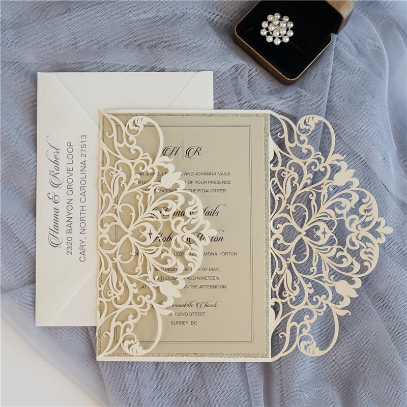 CL-WRAP-57 M-M Ivory Lotus Seeds Laser Cut Wedding Invitation