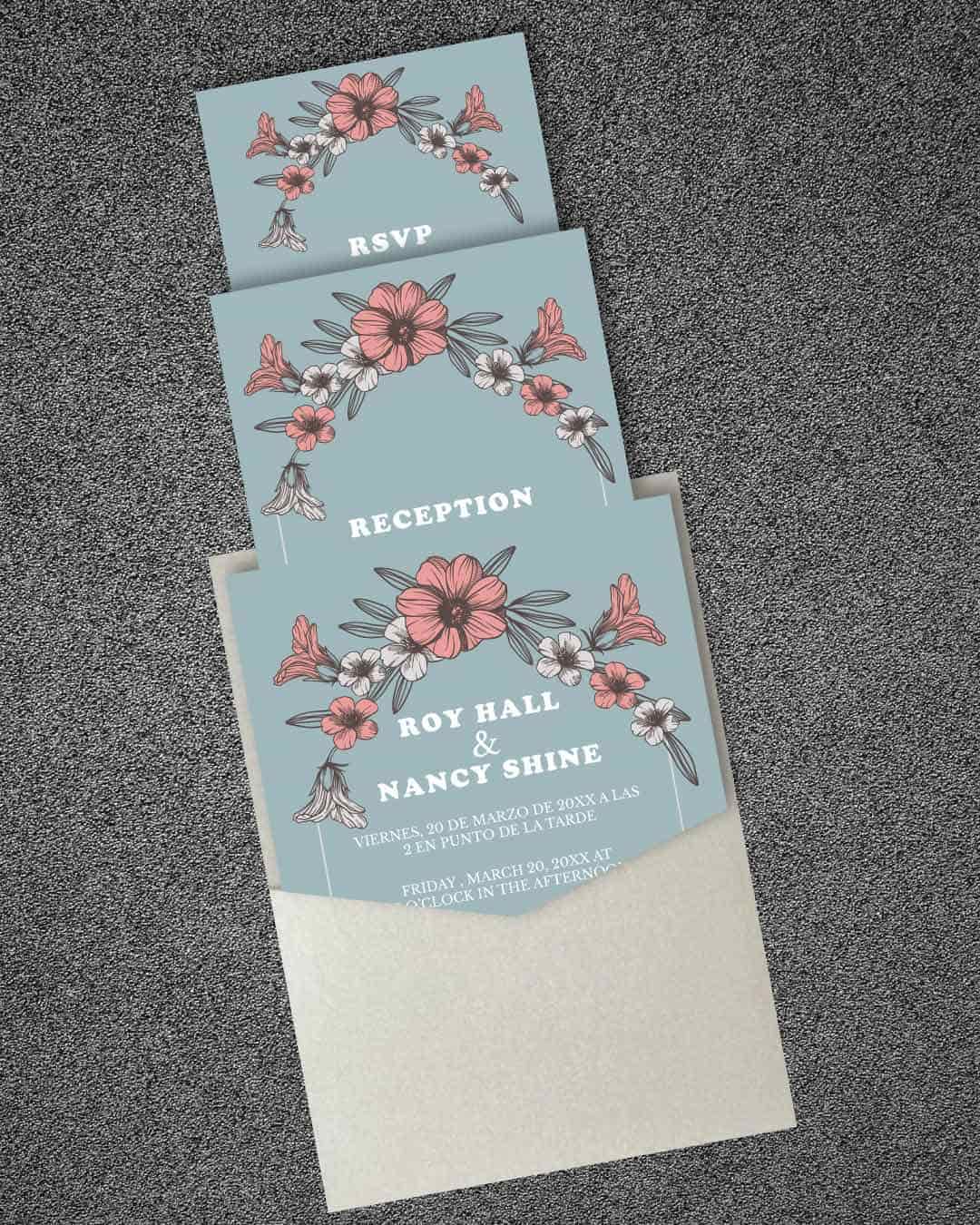 Semi Arch Flowers A7 Denali Pocket Spanish & English Wedding Invitation AP Printing - Semi Arch Flowers A7 Denali Pocket Spanish & English Wedding Invitation - Custom Printing Services