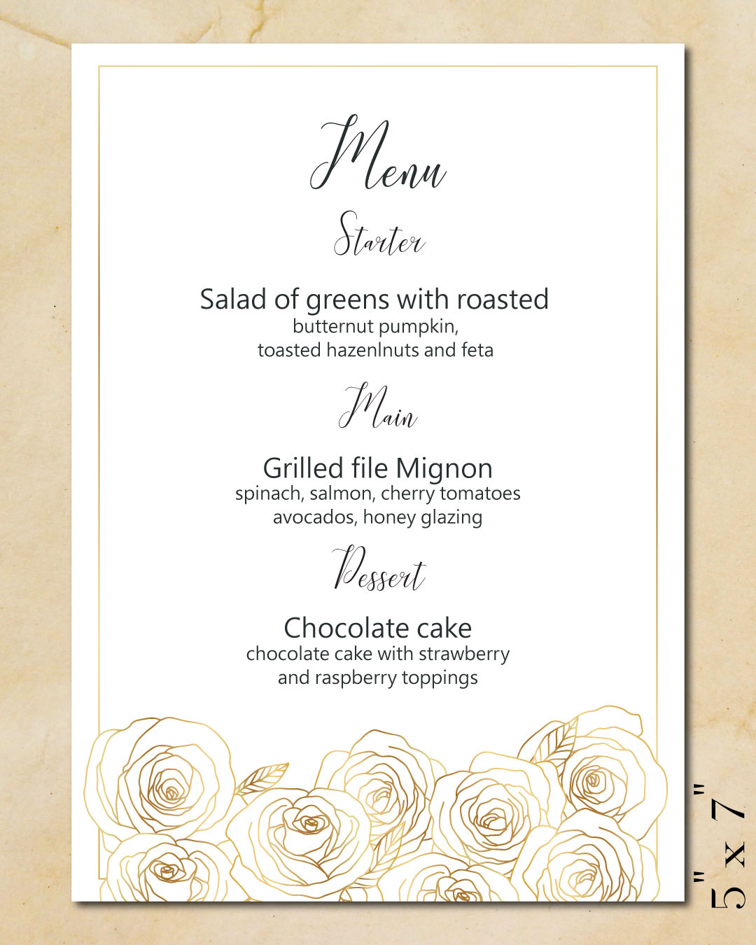 Minimalist Golden Roses Wedding Menu Cards