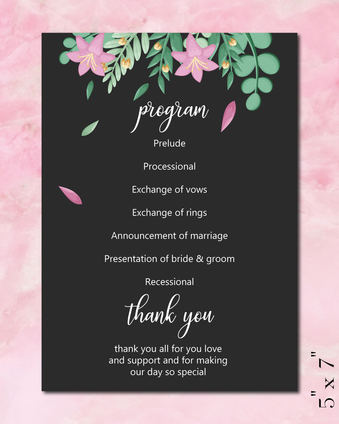 Black Design With Flowers Wedding Program Cards